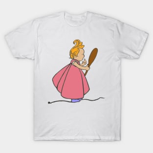 Cute little ginger girl red dress looking in mirror T-Shirt